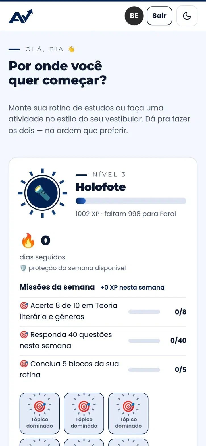 Tela inicial do aluno na plataforma: nível, sequência de dias de estudo e missões da semana